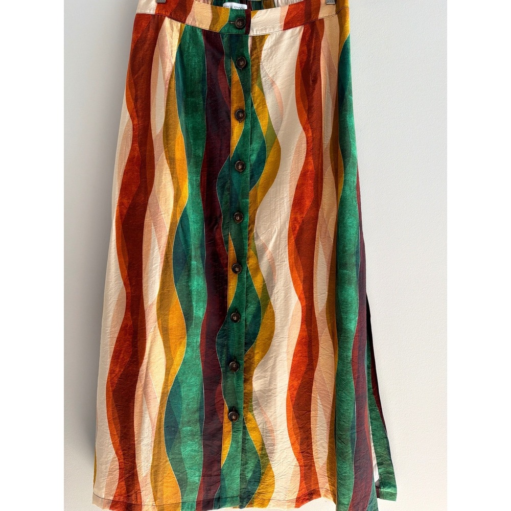 Willa Story Abstract Wavy Print Button Front Midi Skirt Green Rust Gold Large - Picture 4 of 10